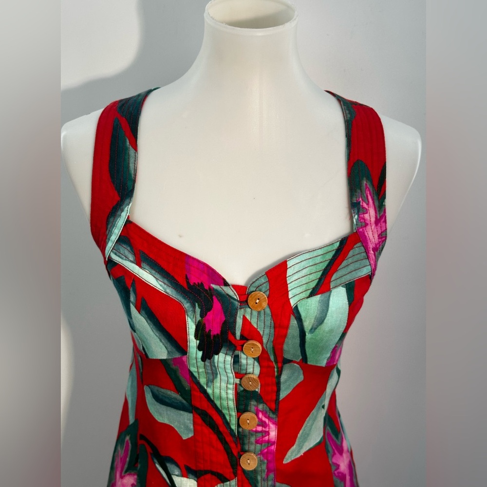 Farm Rio Summer Foliage Linen Mini Dress XS Button Front Tropical Crossback Red - Picture 6 of 12